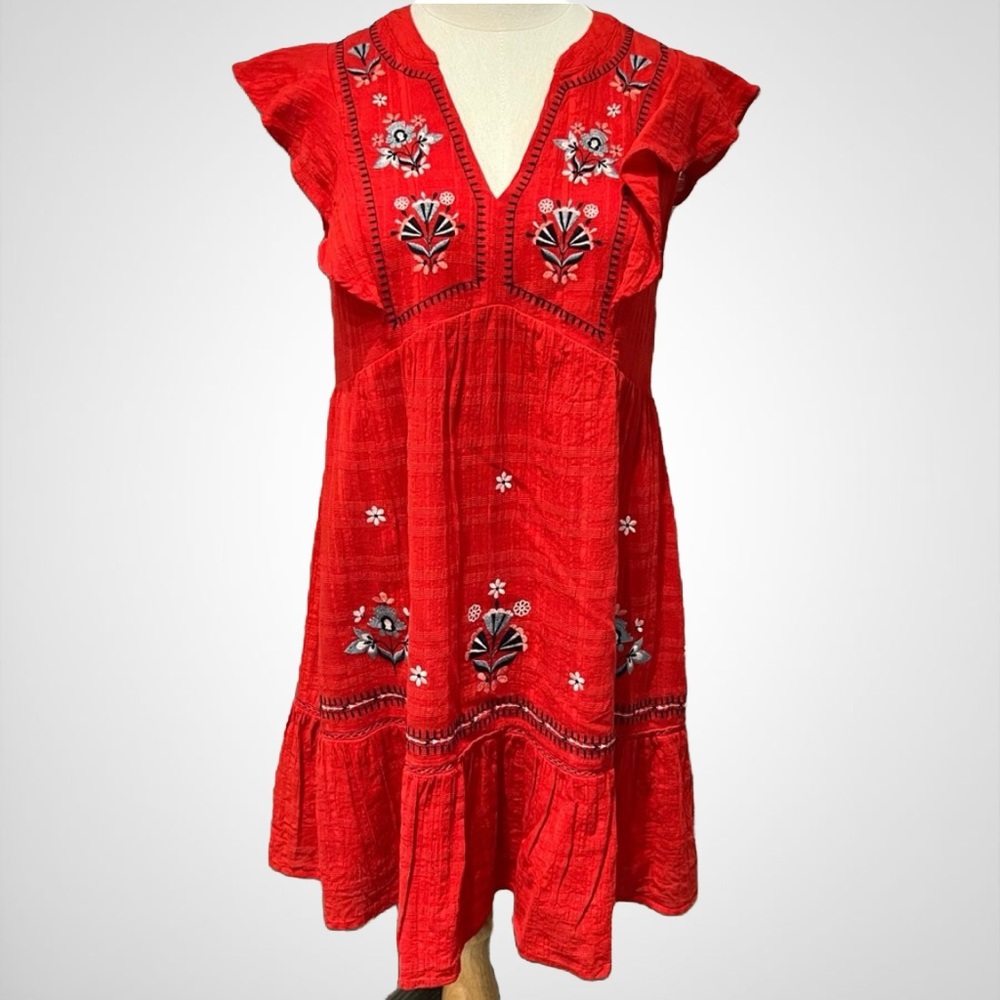 Knox Rose Red and Gold V-Neck Flutter Sleeve Midi Dress